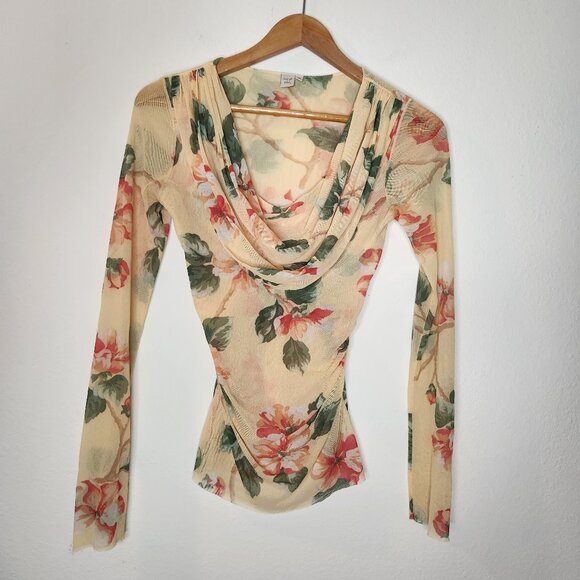 Sweet Pea Womens Medium Yellow Draped Neck Nylon Floral Blouse - Picture 1 of 4
